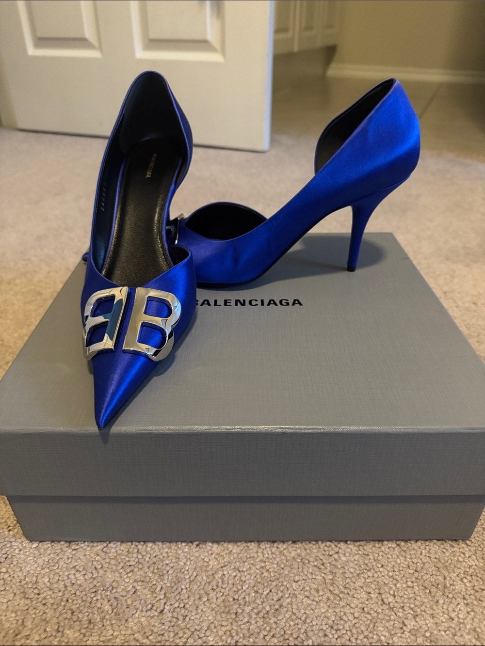Balenciaga Electric Blue Satin Pointed BB Logo Stiletto Pumps